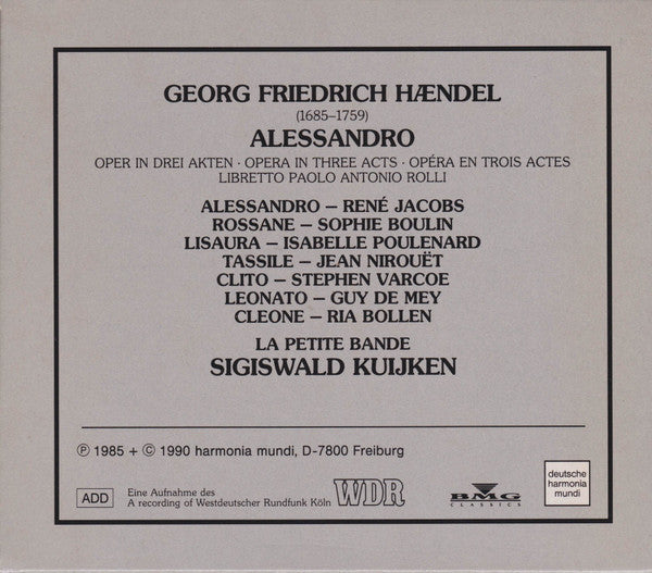 Georg Friedrich Händel - La Petite Bande •  Sigiswald Kuijken : Alessandro (Opera In Three Acts) (3xCD, Album, RE, RM + Box, Sli)