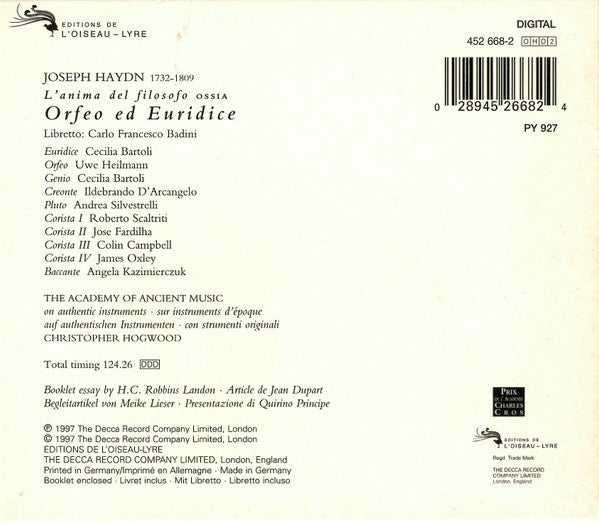 Haydn* • Bartoli* • Heilmann* • D'Arcangelo* • The Academy Of Ancient Music Orchestra* And Chorus*, Hogwood* : L'Anima Del Filosofo Ossia Orfeo Ed Euridice (2xCD, Album + Box)