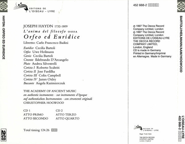 Haydn* • Bartoli* • Heilmann* • D'Arcangelo* • The Academy Of Ancient Music Orchestra* And Chorus*, Hogwood* : L'Anima Del Filosofo Ossia Orfeo Ed Euridice (2xCD, Album + Box)