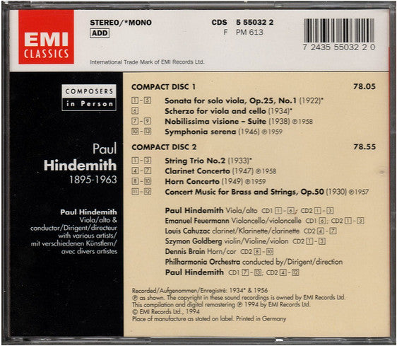 Paul Hindemith : Nobilissima Visione / Symphonia Serena / Konzertmusik / Clarinet & Horn Concertos / Chamber Music (2xCD, Comp, Mono, RM)