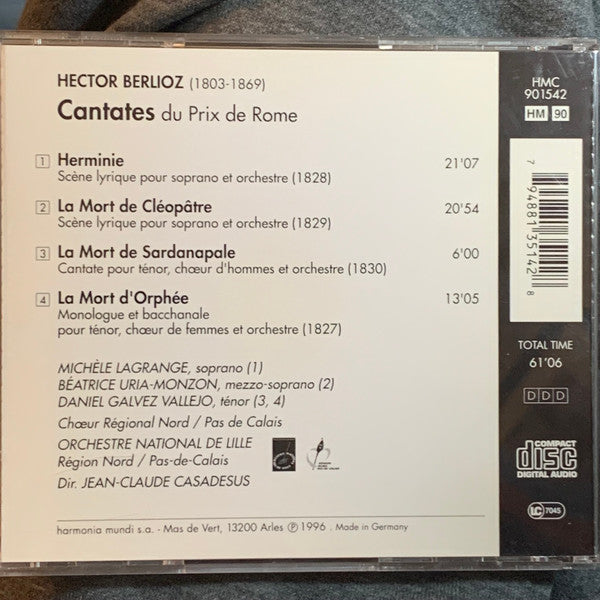 Berlioz* - Michèle Lagrange, Béatrice Uria-Monzon, Daniel Galvez Vallejo*, Orchestre National de Lille*, Jean-Claude Casadesus : Cantates Du Prix De Rome: La Mort De Sardanapale (CD, Album)