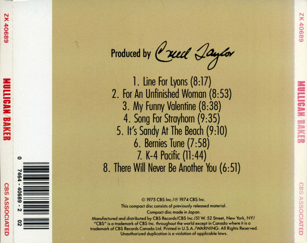 Gerry Mulligan / Chet Baker : Carnegie Hall Concert (CD, Album, RE, RM, RP)