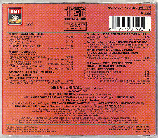 Sena Jurinac – R. Strauss*, Mozart*, Smetana*, Tchaïkovsky* – Fritz Busch, Warwick Braithwaite, Lawrance Collingwood : 4 Letzte Lieder / Airs D’Opéras / Opera Arias / Opern-Arien (CD, Comp, Mono, RM)
