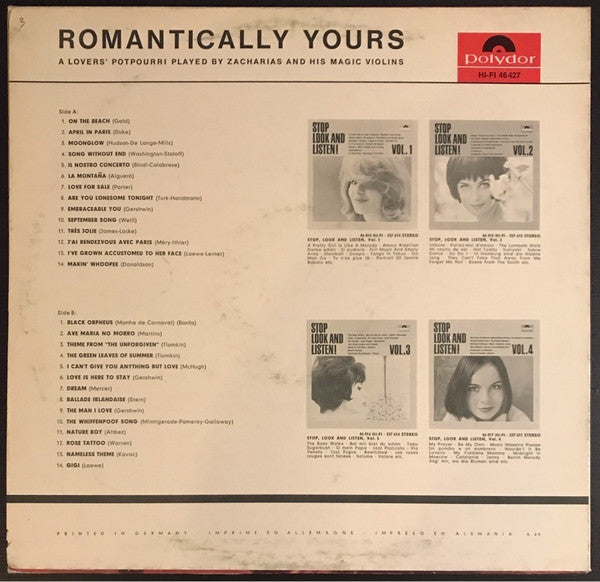 Helmut Zacharias Und Seine Verzauberten Geigen : Romantically Yours...  A Lovers' Potpourri Played By Zacharias And His Magic Violins (LP, Album)