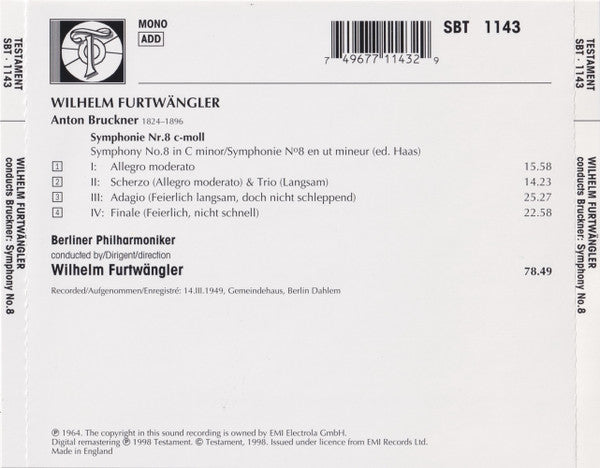 Wilhelm Furtwängler, Bruckner*, Berliner Philharmoniker : Symphony No.8 (CD, Mono, RE, RM)