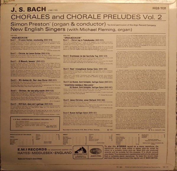 Johann Sebastian Bach : Chorales And Chorale Preludes Volume 2 Passiontide and Easter (LP)