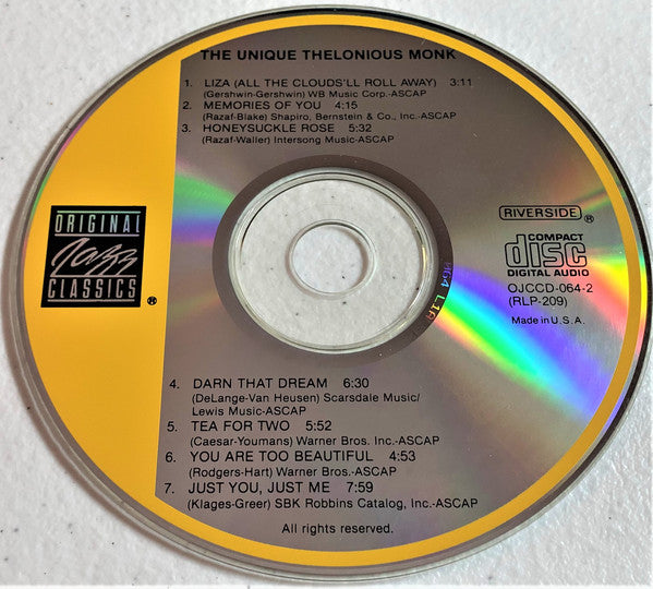 Thelonious Monk : The Unique Thelonious Monk (CD, Album, RE, RM)