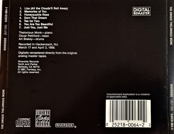 Thelonious Monk : The Unique Thelonious Monk (CD, Album, RE, RM)