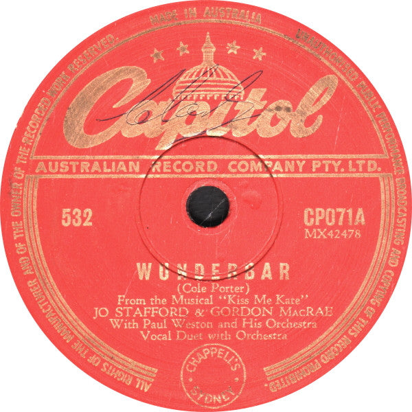 Jo Stafford & Gordon MacRae With Paul Weston And His Orchestra : Wunderbar / Too Darn Hot (Shellac, 10")