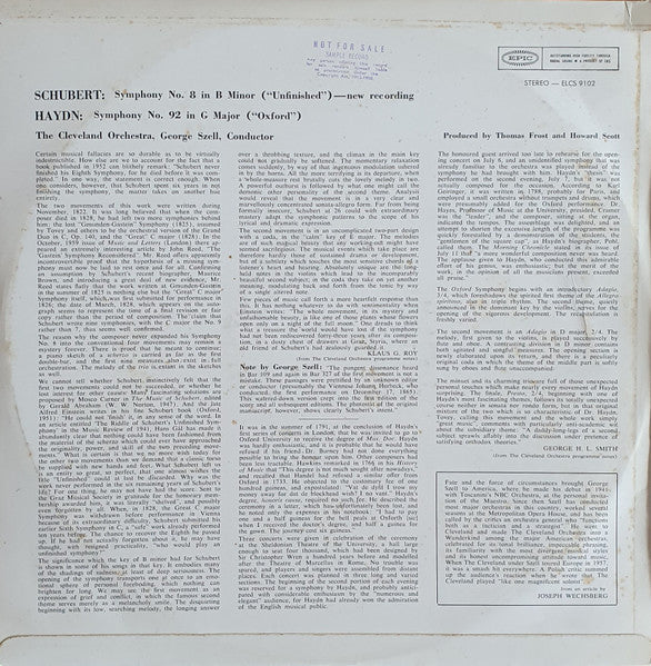 Schubert*, Haydn* / George Szell And The Cleveland Orchestra : "Unfinished" Symphony No. 8 In B Minor • "Oxford" Symphony No. 92 In G Major (LP)