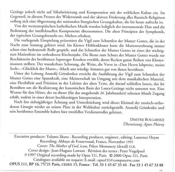 The Russian Patriarchate Choir, Anatoly Grindenko : Kiev Monastery Vigil (CD)
