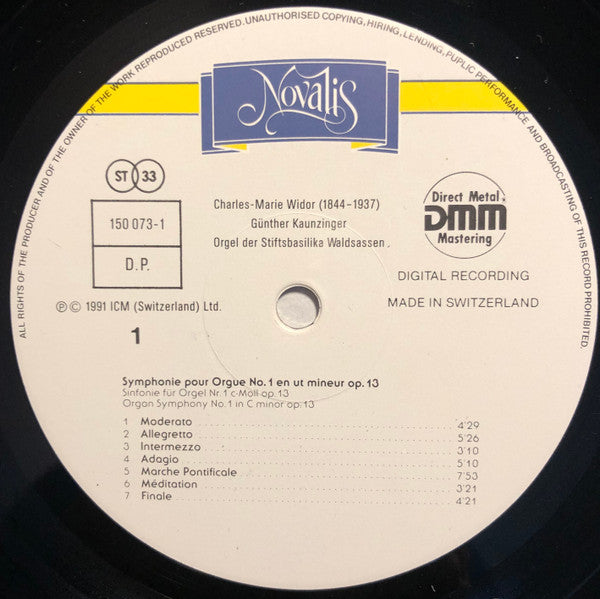 Charles-Marie Widor, Günther Kaunzinger : Symphonie Pour Orgue No. 1 En Ut Mineur, Op. 13 - Symphonie Pour Orgue No. 2 En Ré Mineur, Op. 13 (LP)