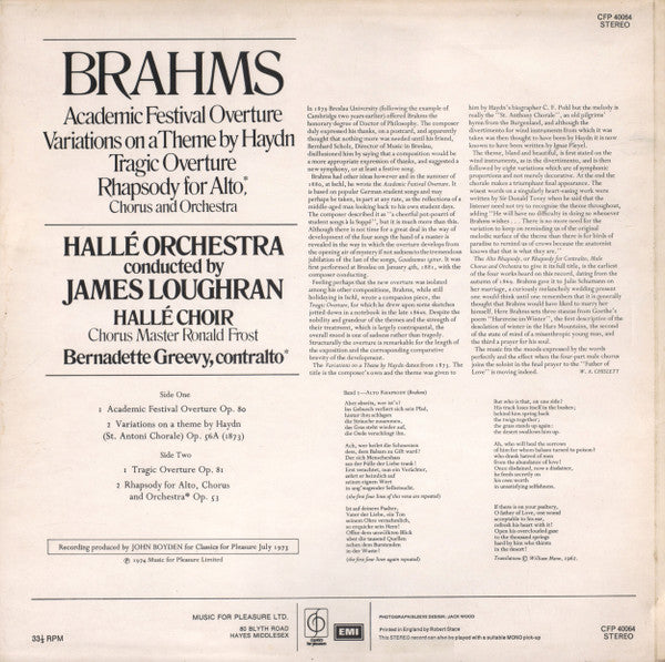 Johannes Brahms - Hallé Orchestra : Academic Festival Overture (LP, Album, Sle)