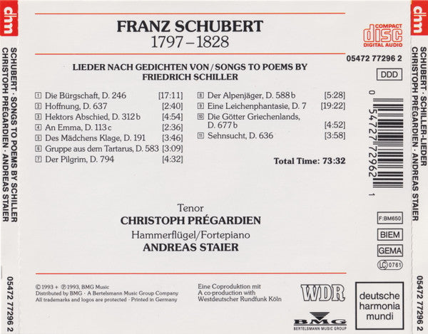 Christoph Prégardien, Andreas Staier, Franz Schubert : Lieder Nach Gedichten Von Friedrich Schiller (CD, Album)