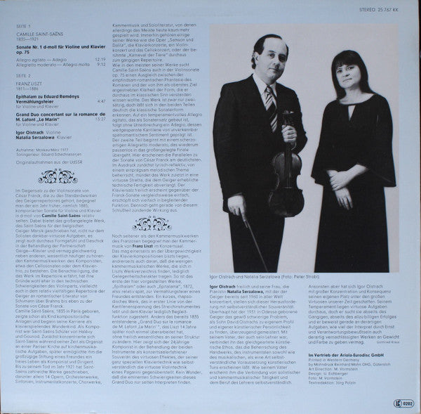 Igor Oistrach, Natalia Zertsalova - Camille Saint-Saëns / Franz Liszt : Violinsonate D-Moll Op. 75, Epithalam (1872), Grand Duo Concertant (LP)