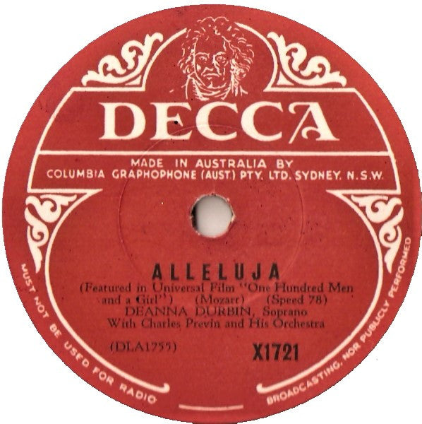 Deanna Durbin, Charles Previn And His Orchestra : Alleluja / Ave Maria (Shellac, 10")