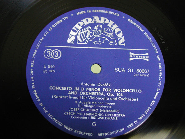 Dvořák* — Josef Chuchro, The Czech Philharmonic Orchestra / Jiří Waldhans : Concerto In B Minor For Violoncello & Orchestra Op. 104 (LP)