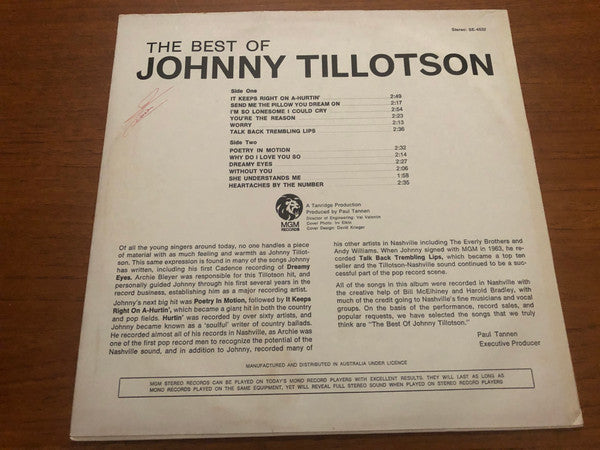 Johnny Tillotson : The Best Of Johnny Tillotson (LP, Comp)