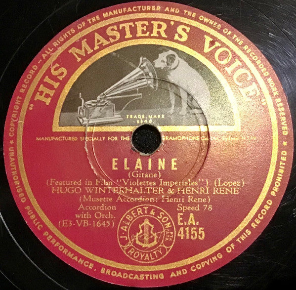 Hugo Winterhalter & Henri René : The Velvet Glove / Elaine (Shellac, 10")