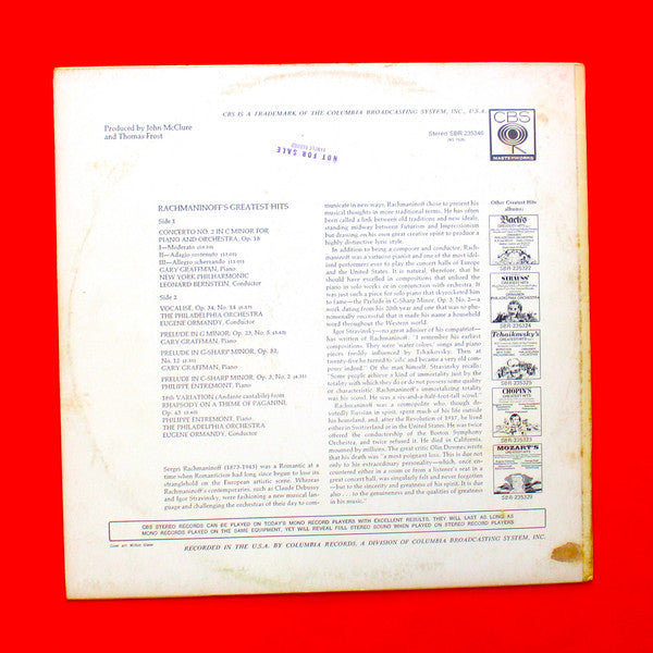Leonard Bernstein With New York Philharmonic And Eugene Ormandy With The Philadelphia Orchestra, Sergei Vasilyevich Rachmaninoff : Rachmaninoff's Greatest Hits (LP, Comp)