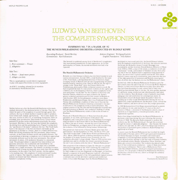 Ludwig Van Beethoven : The Complete Symphonies Vol. 6 (LP, Album, Quad, Club)