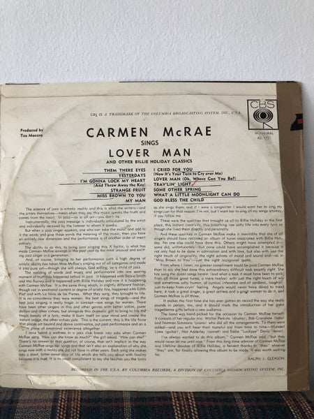 Carmen McRae : Sings Lover Man And Other Billie Holiday Classics (LP, Album, Mono)
