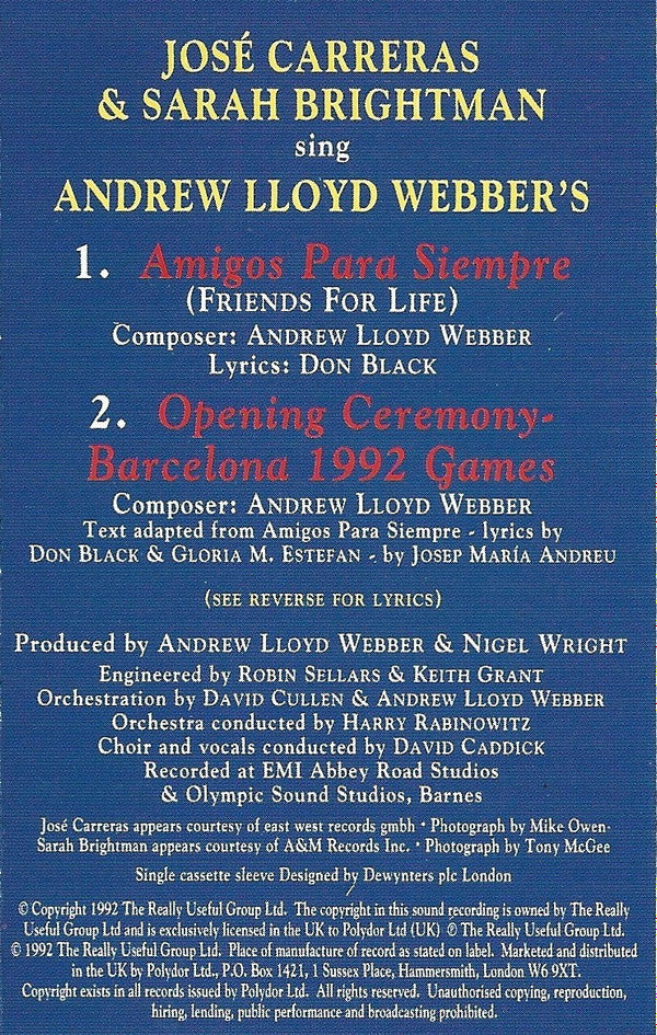 José Carreras & Sarah Brightman : Amigos Para Siempre (Friends For Life) (Cass, Single, Dol)