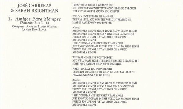 José Carreras & Sarah Brightman : Amigos Para Siempre (Friends For Life) (Cass, Single, Dol)