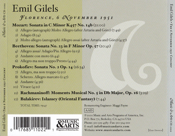 Emil Gilels : Recital In Florence - 6 November 1951 (CD, Album)