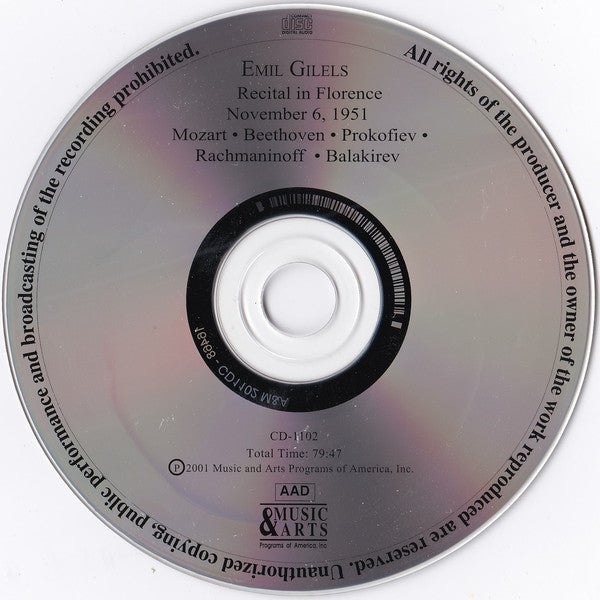 Emil Gilels : Recital In Florence - 6 November 1951 (CD, Album)