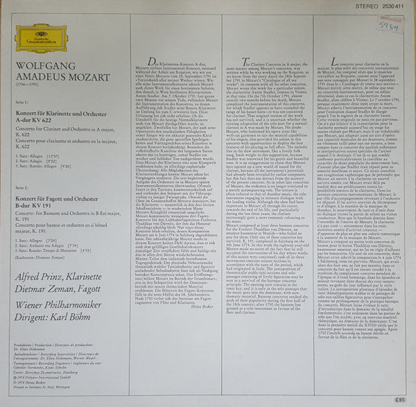 Wolfgang Amadeus Mozart, Alfred Prinz ∙ Dietmar Zeman, Wiener Philharmoniker ∙ Karl Böhm : Klarinettenkonzert (Clarinet Concerto) ∙ Fagottkonzert (Bassoon Concerto) (LP, RE)