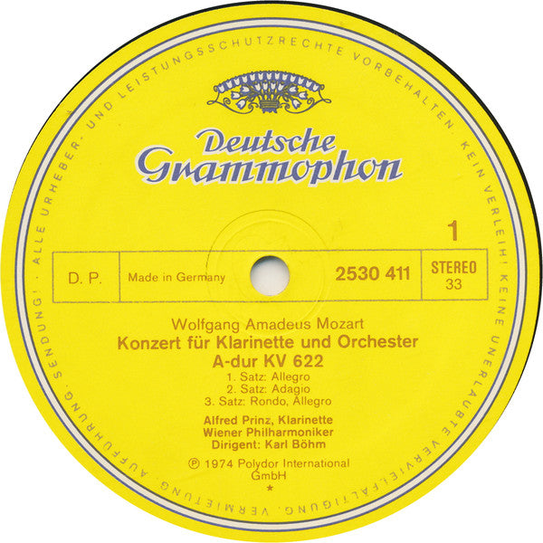 Wolfgang Amadeus Mozart, Alfred Prinz ∙ Dietmar Zeman, Wiener Philharmoniker ∙ Karl Böhm : Klarinettenkonzert (Clarinet Concerto) ∙ Fagottkonzert (Bassoon Concerto) (LP, RE)