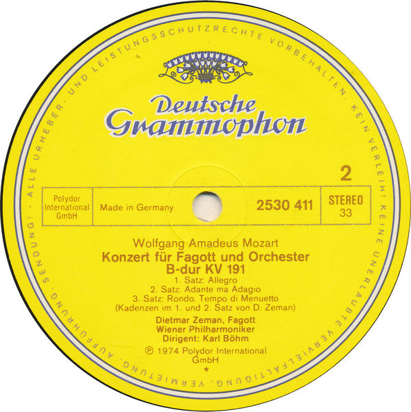 Wolfgang Amadeus Mozart, Alfred Prinz ∙ Dietmar Zeman, Wiener Philharmoniker ∙ Karl Böhm : Klarinettenkonzert (Clarinet Concerto) ∙ Fagottkonzert (Bassoon Concerto) (LP, RE)