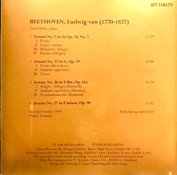 Emil Gilels : Beethoven: Piano Sonatas N. 7, 25, 26 & 27 (CD, Album)