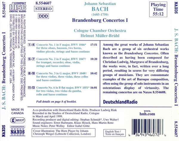 Johann Sebastian Bach - Kölner Kammerorchester, Helmut Müller-Brühl : Brandenburg Concertos I (CD)