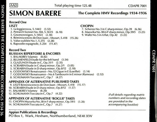 Simon Barere : The Complete HMV Recordings 1934-1936 (2xCD, Comp, Mono)