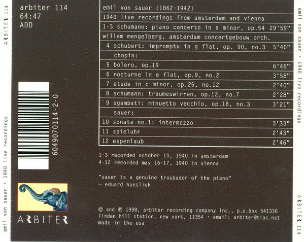 Emil Von Sauer : 1940 Live Recordings (Amsterdam & Vienna) (CD, Album, Mono)