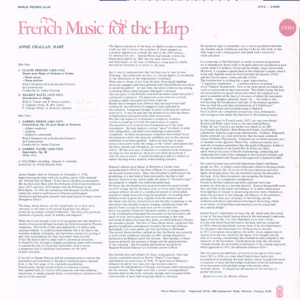Annie Challan : French Music For The Harp (LP, Album, Club)
