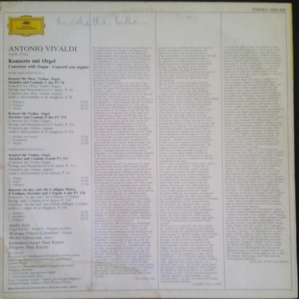 Antonio Vivaldi - André Isoir • Orchestre De Chambre Paul Kuentz : Konzerte Mit Orgel • Concertos With Organ (LP)