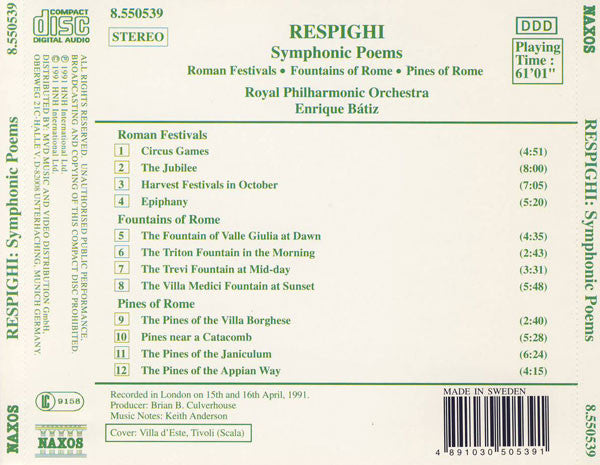 Respighi* / Royal Philharmonic Orchestra, Enrique Bátiz* : Symphonic Poems: Roman Festivals • Pines Of Rome • Fountains Of Rome (CD, Album)