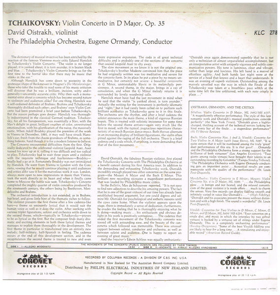 David Oistrach / Eugene Ormandy, The Philadelphia Orchestra, Pyotr Ilyich Tchaikovsky : Violin Concerto In D (LP, Mono)