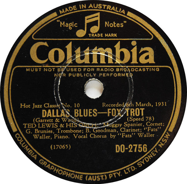 Ted Lewis & His Orch.* : Royal Garden Blues / Dallas Blues (Shellac, 10")