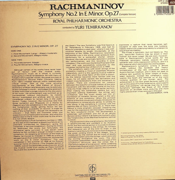 Sergei Vasilyevich Rachmaninoff, Yuri Temirkanov, Royal Philharmonic Orchestra : Symphony No.2 In E Minor, Op.27 (LP, Album, RE)