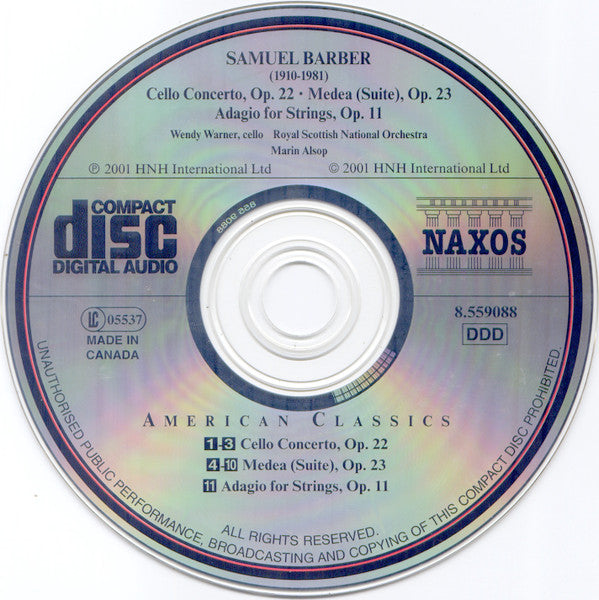 Samuel Barber - Wendy Warner, Royal Scottish National Orchestra, Marin Alsop : Orchestral Works, Volume 2 - Cello Concerto • Medea (Suite) • Adagio For Strings (CD, Album)