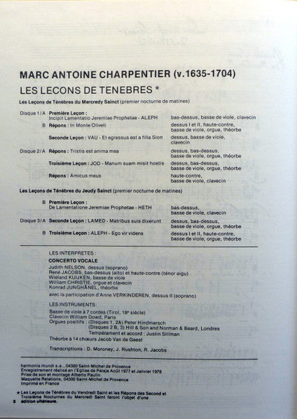 Marc Antoine Charpentier - Concerto Vocale : Leçons De Ténèbres (3xLP + Box)