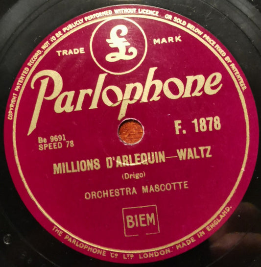 Orchestra Mascotte : Millions D'Arlequin / Mimosa (Shellac, 10")