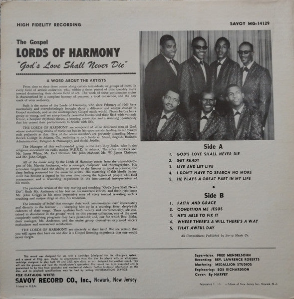 The Gospel Lords Of Harmony : God's Love Will Never Die (LP, Album, Mono)