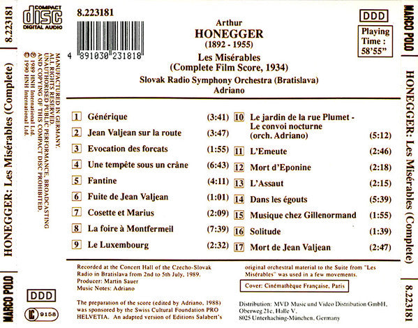 Arthur Honegger - Slovak Radio Symphony Orchestra (Bratislava)*, Adriano (3) : Les Misérables (Complete Film Score) (CD, Album)