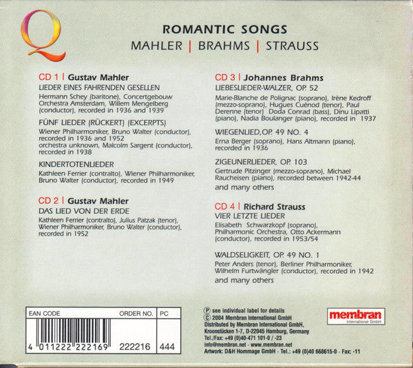 Gustav Mahler, Johannes Brahms, Richard Strauss : Romantic Songs (4xCD, Comp, Mono + Box)