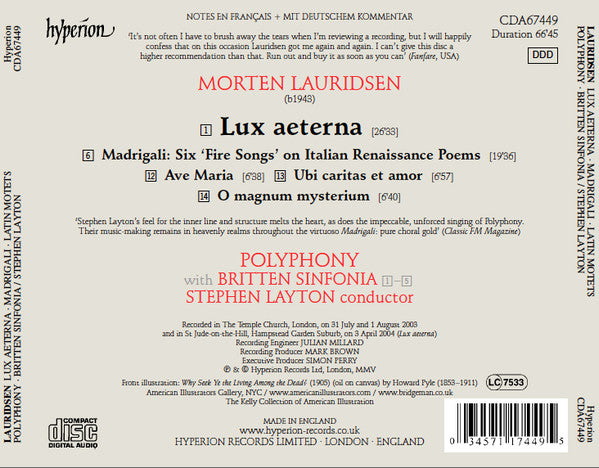 Morten Lauridsen - Polyphony, Britten Sinfonia, Stephen Layton : Lux Aeterna (CD)